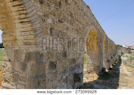 View Of Aqueduct At Kamares, Larnaca.  Landscape Shot With Wide Angle.  Taken On A Sunny Morning In 