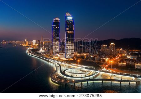 XIAMEN, CHINA â FEB 16: Aerial view of city at night on February 26, 2018 in Xiamen. Xiamen was ranked as China's 2nd-