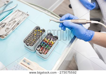Close-up Picture Of Dental Instruments: Drill And Needle For Root Canal Treatment And Pulpitis In Ha
