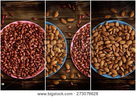 Nuts. Almonds And Peanuts In Colorful Plates On A Wooden Table. Three-part Image. Proper Nutrition.