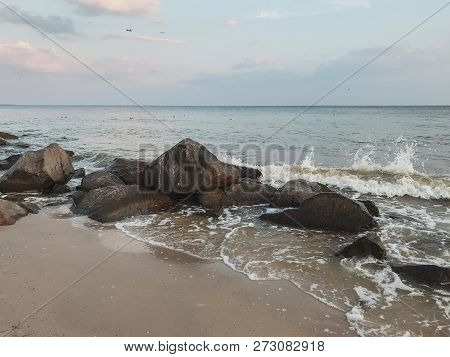 Wet Stones In Waves Of The Black Sea - Ochakov, Ukraine