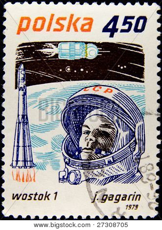 Polen - CIRCA 1979: Et frimærke, trykt i Polen viser første nogensinde kosmonaut Jury Gagarin, circa 1979 Sørensen