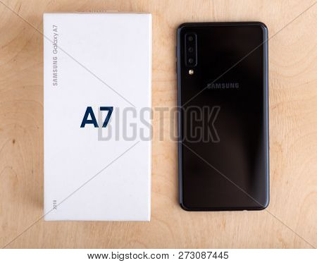 Rostov-on-don, Russia - November 2018. Samsung Galaxy A7 Close-up On The Table. The New Smartphone F
