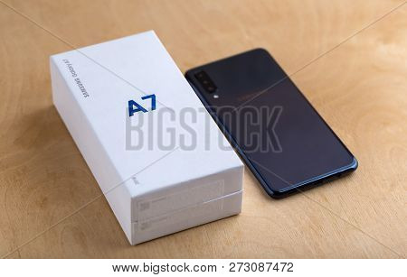 Rostov-on-don, Russia - November 2018. Samsung Galaxy A7 Close-up On The Table. The New Smartphone F