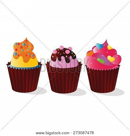 Vector Image Of A Multicolored, Colorful Muffins Decorated With Candy For Decoration, Cream And Choc
