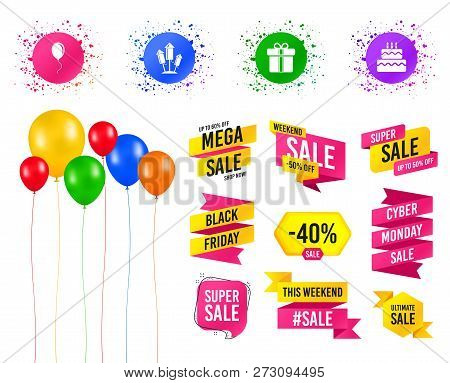 Balloons Party. Sales Banners. Birthday Party Icons. Cake And Gift Box Signs. Air Balloons And Firew