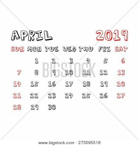 Calendar April 2019 Year In Cartoon Child Style. Calendar Planne