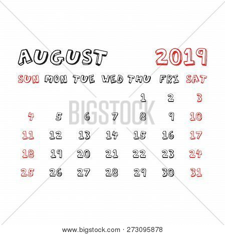 Calendar August 2019 Year In Cartoon Child Style. Calendar Plann
