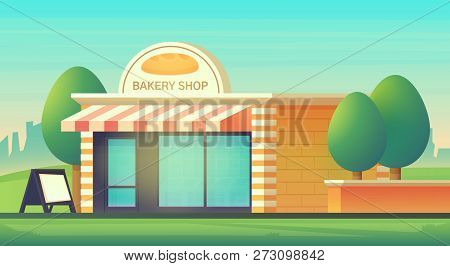The Facade Of The Bakery Shop. Cafe Building. Vector Flat Style Illustration.