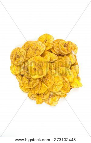 Pile Of Crunchy Sliced Dehydrated Plaintain Fruit Chips