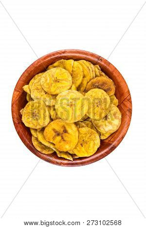 Pile Of Crunchy Sliced Dehydrated Plaintain Fruit Chips