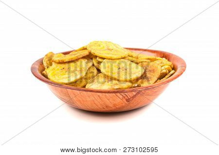 Pile Of Crunchy Sliced Dehydrated Plaintain Fruit Chips