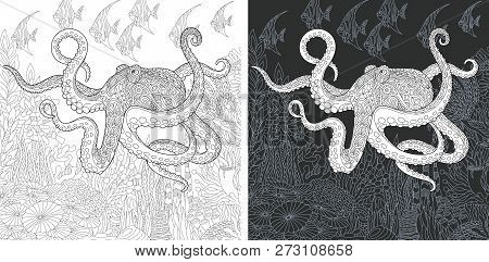Coloring Page. Coloring Book. Colouring Picture With Octopus Drawn In Zentangle Style. Antistress Fr