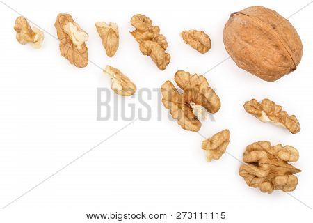 Peelled Walnuts Isolated On White Background With Copy Space For Your Text. Top View. Flat Lay