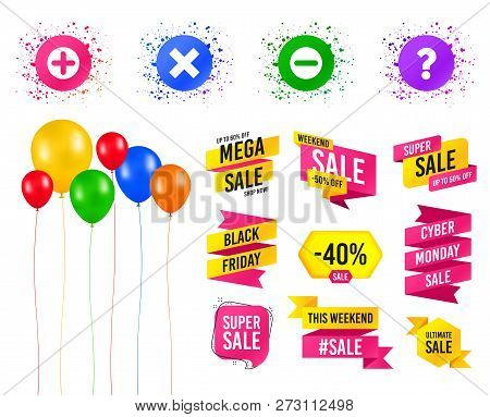 Balloons Party. Sales Banners. Plus And Minus Icons. Delete And Question Faq Mark Signs. Enlarge Zoo