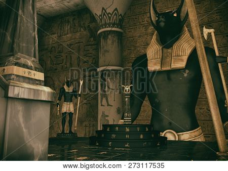 A Scene Of A Fantasy Egyptian Temple, And Two Statues Of The God Anubis Watching An Ank. 3d Illustra