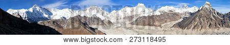 Panoramic Evening View From Gokyo Valley To Ngozumba Glacier And Mount Everest And Lhotse, Nepal Him