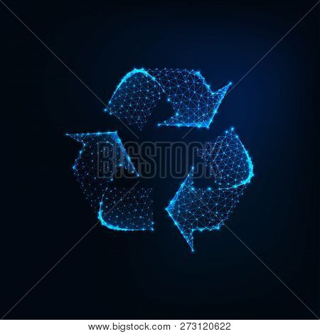 Glowing Low Poly Recycle Sign Icon Mafe Of Connected Lines, Stars, Triangles On Dark Blue Background