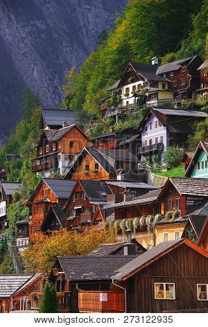 Scenic Picture-postcard View Of Famous Hallstatt Mountain Village In The Austrian Alps At Beautiful