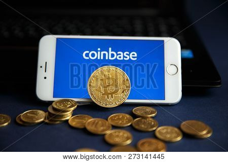 Tula, Russia - August 28, 2018: Coinbase - Buy Bitcoin And More, Secure Wallet Mobile App On The Dis