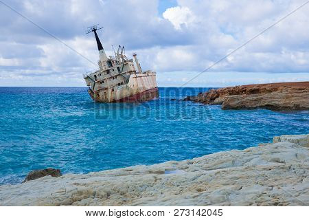 Old Ship Wreck And Blue Water Beach. Travel Photo 2018, December. Landscape And Nature.