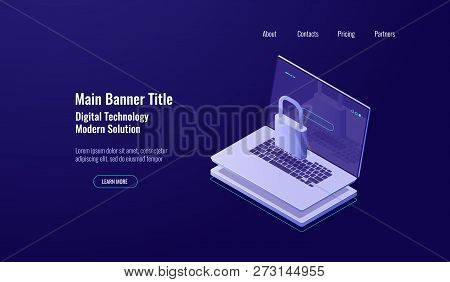 Data Security Isometric Shield Concept, Laptop With Lock, Account Protection, Safe Internetwork, Dar