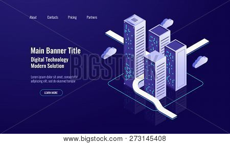 Server Room Rack, Cloud Storage Isometric Icon, Database Data Center, Big Data Storing, Dark Neon