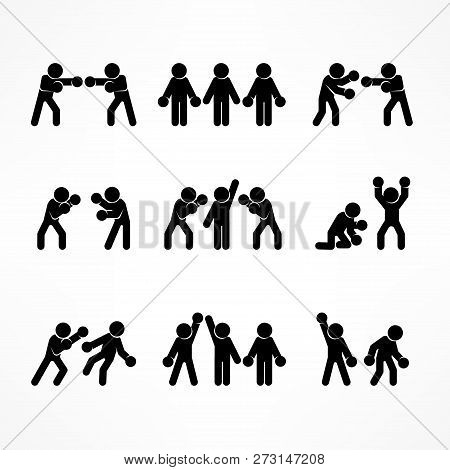 Boxing Stick Figures On White, Boxer Pictogram Icon, For Sport. Vector Illustration.