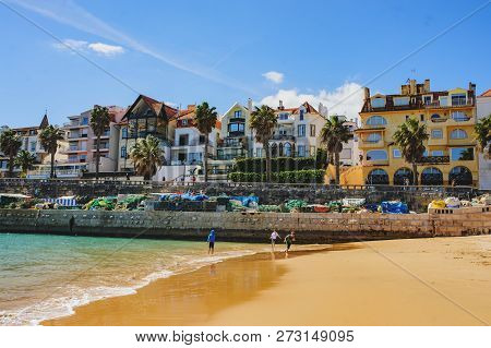 CASCAIS, PORTUGAL - MARCH 26, 2018: A beautiful view of famous Cascais old city center, beach and to