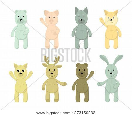 Vector Set Of Cute Toy Animals: Polar Bear, Brown Bear, Piglet, Fox, Hare, Rabbit, Dog, Wolf, Cat, D