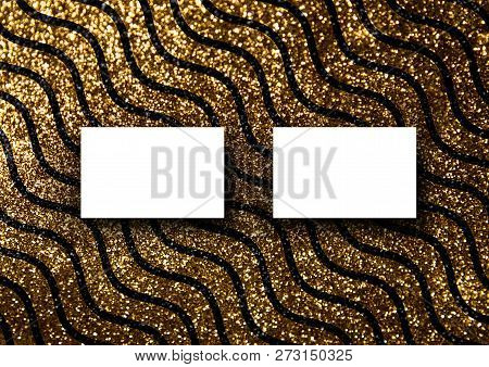 Business Card Mock-up Template With Gold Wavy Line Pattern Background
