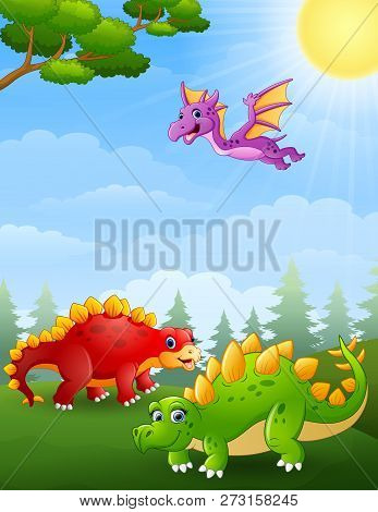 Vector Illustration Cartoon Of The Dinosaurs In The Jungle