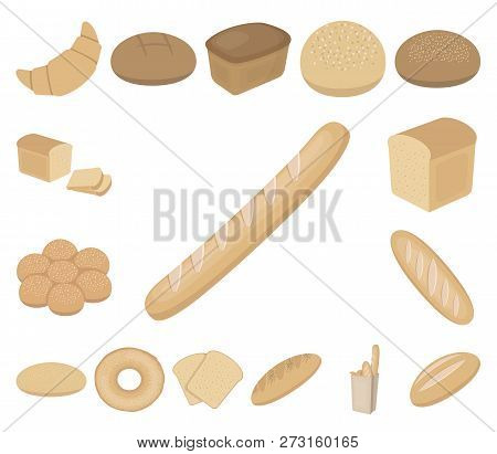 Types Of Bread Cartoon Icons In Set Collection For Design. Bakery Products Vector Symbol Stock Web I