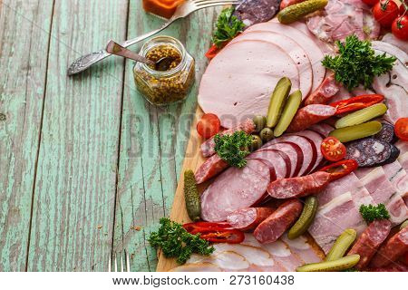 Russian Appetizers Set On Wooden Board, Close View Copy Space