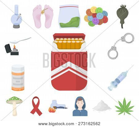 Drug Addiction And Attributes Cartoon Icons In Set Collection For Design. Addict And Drug Vector Sym