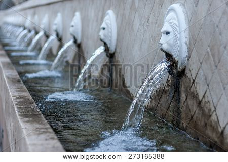 Venetian Lion Head Fountain In Spili On Crete, Greece, Europe.