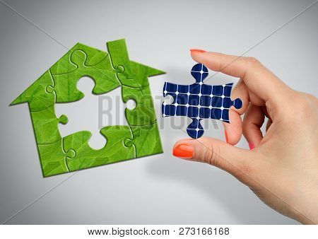 Solar Energy Concept, Puzzle House With Solar Battery Window