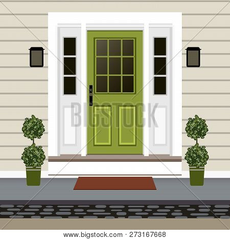 House Door Front With Doorstep And Mat, Steps, Lamp, Flowers, Building Entry Facade, Exterior Entran