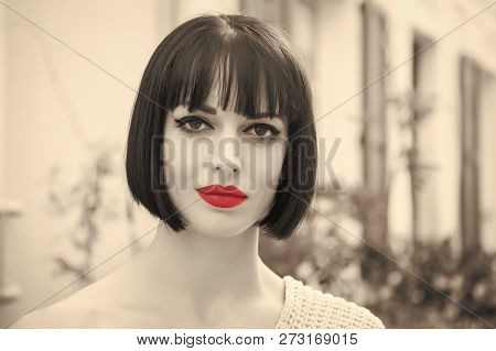 Girl With Red Lips On Sensual Face In Paris, France. Wowan With Stylish Hair. Beauty Salon Concept. 