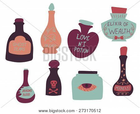 Set Of Colorful Magic Cartoon Bottles And Love Potions. Vector Illustration. Magic Elixir Hand Drawn