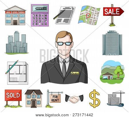 Realtor, Agency Cartoon Icons In Set Collection For Design. Buying And Selling Real Estate Vector Sy