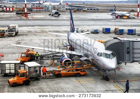 Moscow, Russia - November 20, 2018: Aeroflot - Russian Airlines Sukhoi Superjet 100-95b Is Boarded I