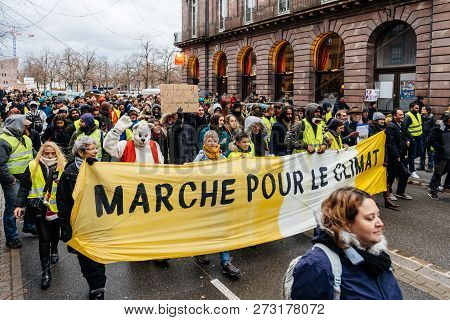Strasbourg, France - Dec 8, 2018: Crowd Marching In Central Strasbourg At The Nationwide Protest Mar