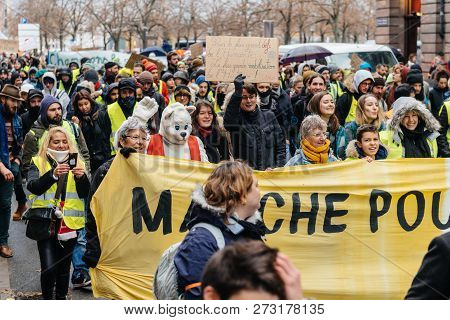 Strasbourg, France - Dec 8, 2018: Crowd Marching In Central Strasbourg At The Nationwide Protest Mar