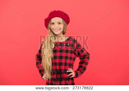 Beret Style Inspiration. Wear Beret Like Fashion Girl. Kid Little Cute Girl With Long Blonde Hair Po