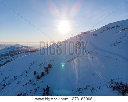Sheregesh New Lift Mustag, Kemerovo, Russia, Aerial View Drone Mountains And Forest, Winter Ski Reso