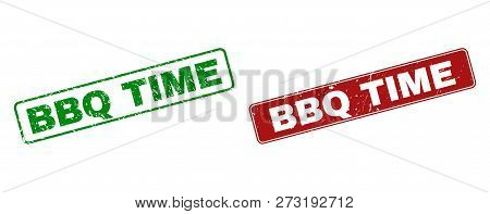 Grunge Bbq Time Stamp Seals. Vector Bbq Time Rubber Seal Imitation In Red And Green Colors. Text Is 