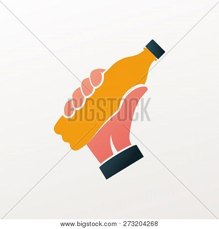 Bottle Orange Holding In Hand. Refreshing Drink. Vector Illustration Flat Design. Isolated On White 