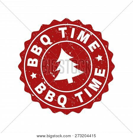Grunge Round Bbq Time Stamp Seal With Fir-tree. Vector Bbq Time Rubber Seal Imitation For New Year A