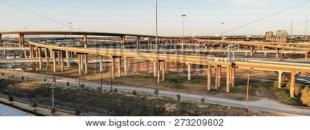 Panoramic Top View Stack Highway Viaduct With Traffic Near Dallas, America